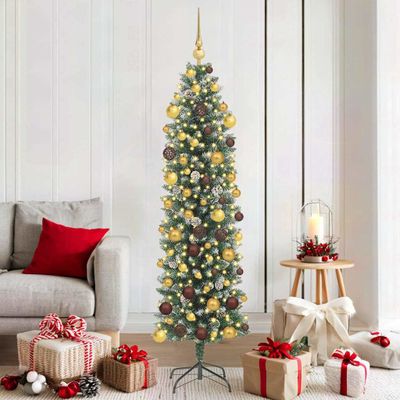 vidaXL Umelý chudý vianočný strom Zelená a biela 180 cm