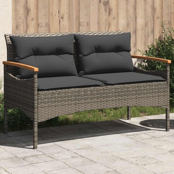 vidaXL Záhradná lavica s vankúšmi 116x62,5x74 cm sivá polyratanová