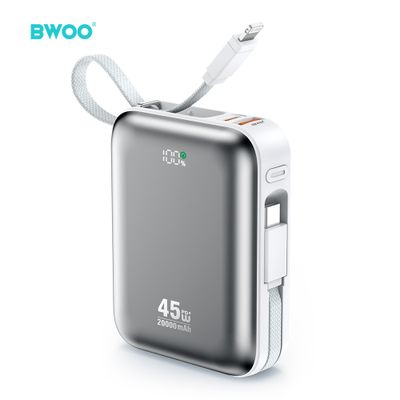 Power banka BWOO 20000mAh s rýchlym nabíjaním PD45W s 2 káblami Type C a Lightning P78 strieborná