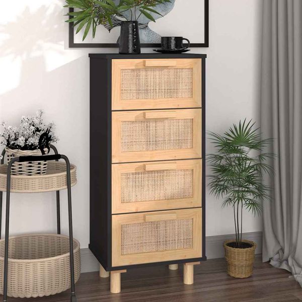 vidaXL Komoda čierna 40x30x90 cm masívna borovica a prírodný ratan