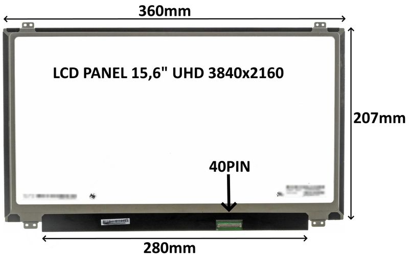 LCD PANEL 15,6'' UHD 3840x2160 40PIN MATNÝ IPS / ÚCHYTY HORE A DOLE