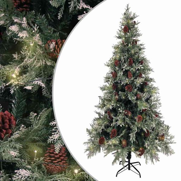 vidaXL Osvetlený vianočný stromček so šiškami, zelený 225 cm, PVC a PE
