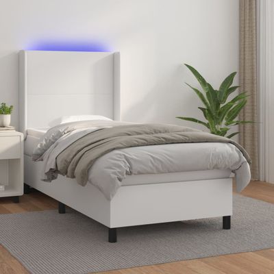 vidaXL Boxspring posteľ s matracom a LED biela 90x200 cm umelá koža