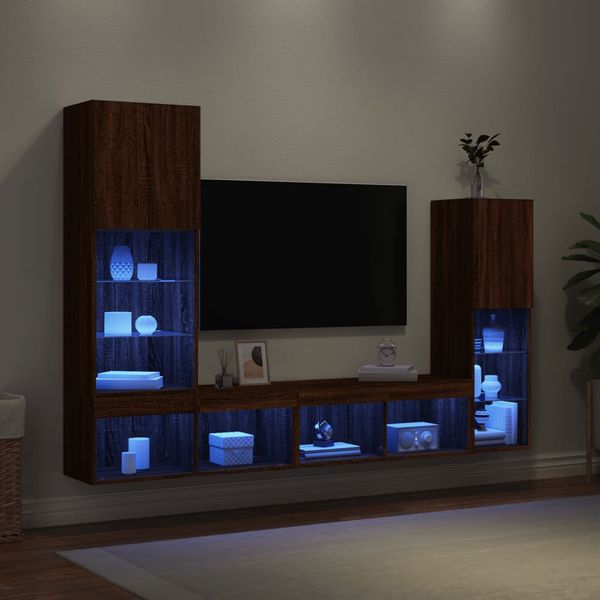 vidaXL 4-dielne TV nástenné skrinky s LED hnedý dub kompozitné drevo