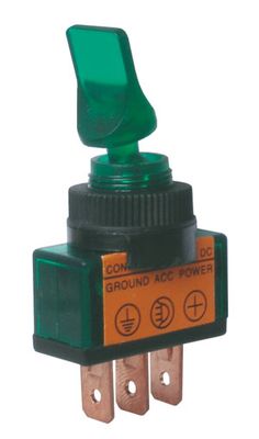 Prepínač páčkový 2pol./3pin ON-OFF 12 V DC prosv. zelený