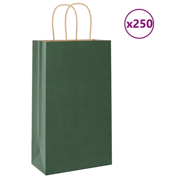vidaXL Papierové tašky 250 ks s rúčkami, zelené, 21x11x36 cm