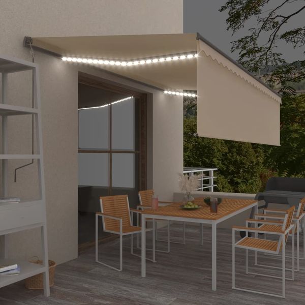 vidaXL Ručne zaťahovacia markíza s tienidlom a LED 5x3 m krémová