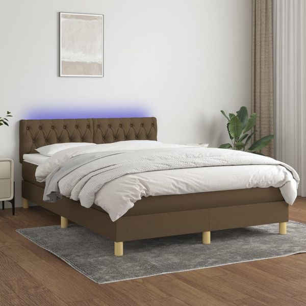 vidaXL Posteľ boxsping s matracom a LED tmavohnedá 140x200 cm látka