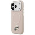 Puzdro Karl Lagerfeld Magsafe PU s kolíkmi Karl&Choupette heads a kovovými tlačidlami fotoaparátu pre iPhone 17 Pro Max béžové