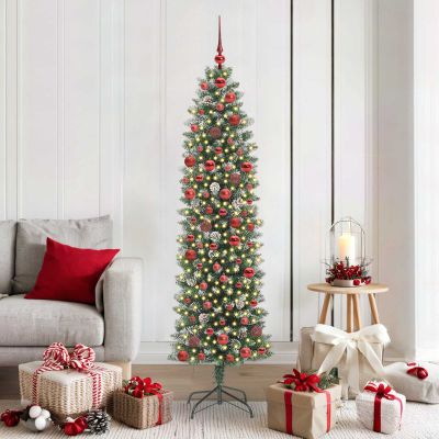 vidaXL Umelý chudý vianočný strom s 300 LED-i Zelená a biela 180 cm