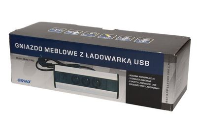 Povrchová zásuvka, rohové puzdro ORNO OR-AE-1360, 3x zásuvka, 2x USB, čierno-strieborná farba, kábel 1,8 m Povrchová zásuvka, rohové puzdro ORNO OR-AE-1360, 3x zásuvka, 2x USB, čierno-strieborná farba, kábel 1,8m