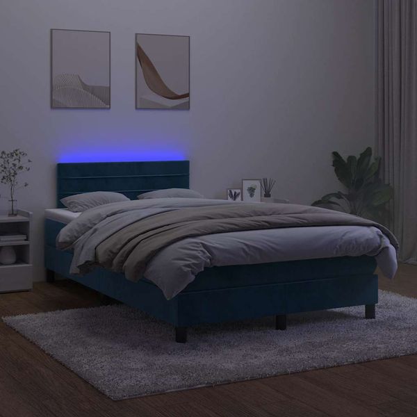 vidaXL Boxspring posteľ s matracom a LED, tmavomodrá 120x190 cm, zamat