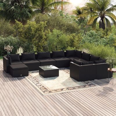 vidaXL 11-dielna záhradná sedacia súprava s vankúšmi polyratan čierna