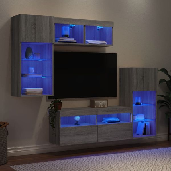 vidaXL 5-dielne TV nástenné skrinky s LED sivé sonoma kompozitné drevo
