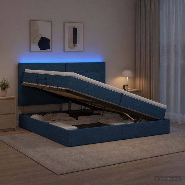 vidaXL LED úložná posteľ s matracom Modrá 200 x 200 cm Látka
