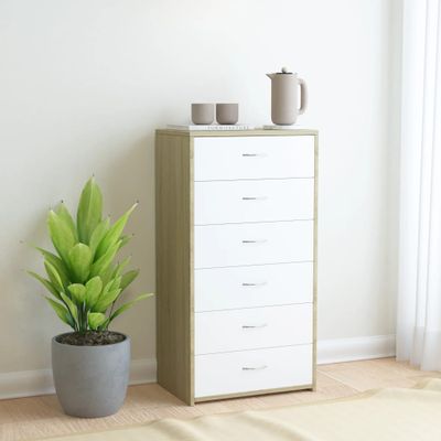 vidaXL Komoda so 6 zásuvkami, biela+sonoma 50x34x96cm kompozitné drevo