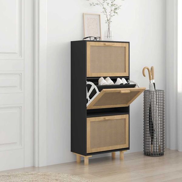 vidaXL Botník čierny 52x25x115 cm spracované drevo a prírodný ratan