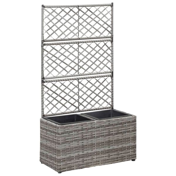 vidaXL Vyvýšený záhon+mriežka, 2 nádoby 58x30x107 cm, polyratan, sivý