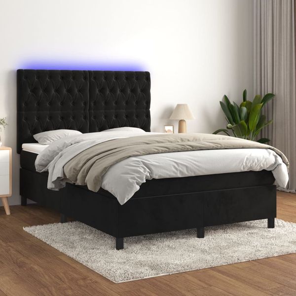 vidaXL Posteľ boxsping s matracom a LED čierna 140x200 cm zamat