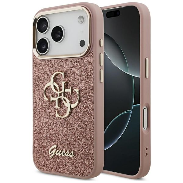 Guess Fixed Glitter Big 4G Kovový rám puzdro pre iPhone 17 Pro ružová