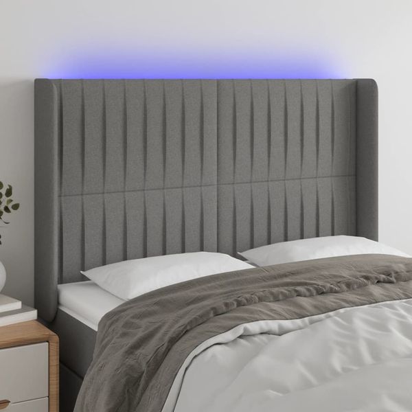 vidaXL Čelo postele s LED tmavosivé 147x16x118/128 cm látka