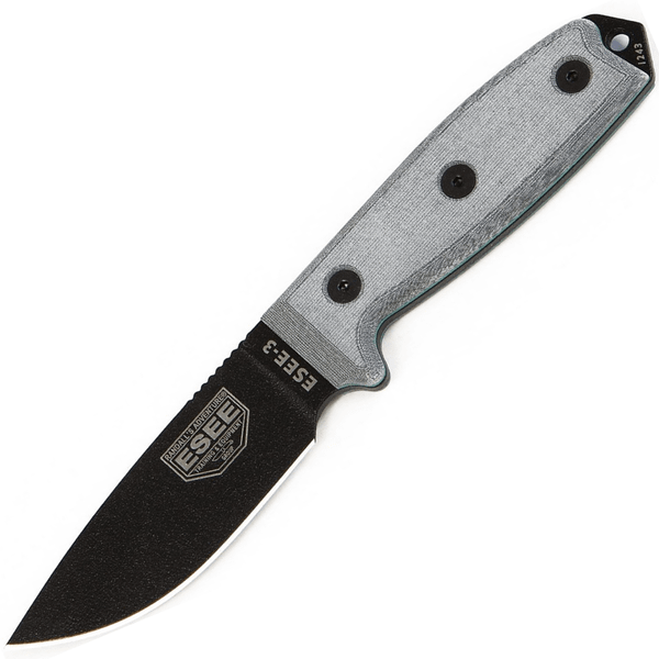 ESEE-3P-MB Model 3 všestranný nôž 9,8 cm, čierna, sivá, Micarta, plastové Coyote hnedé puzdro