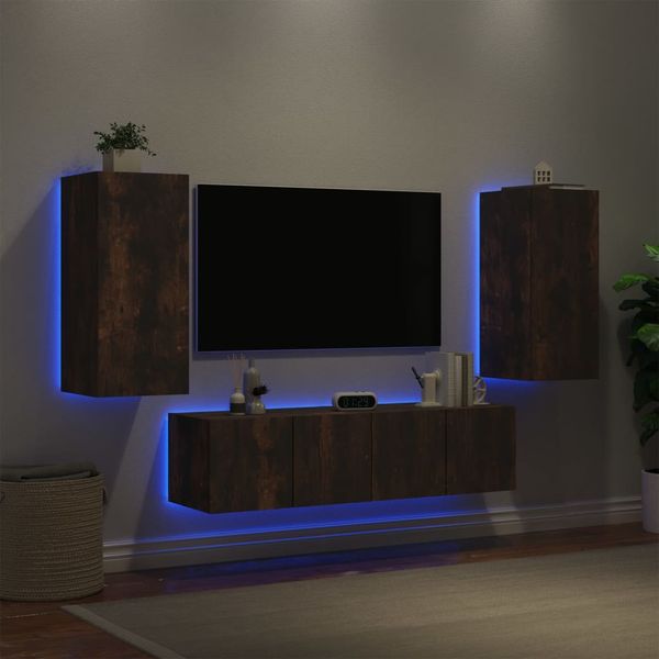 vidaXL 4-dielne TV nástenné skrinky s LED dymový dub kompozitné drevo