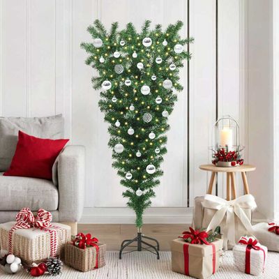 vidaXL Obrátený umelý predsvietený vianočný stromček s guľami 150 cm