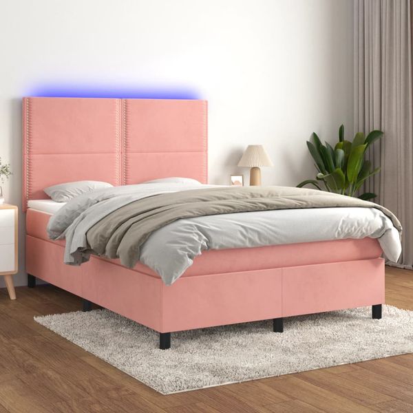 vidaXL Posteľný rám boxsping s matracom a LED ružový 140x190 cm zamat