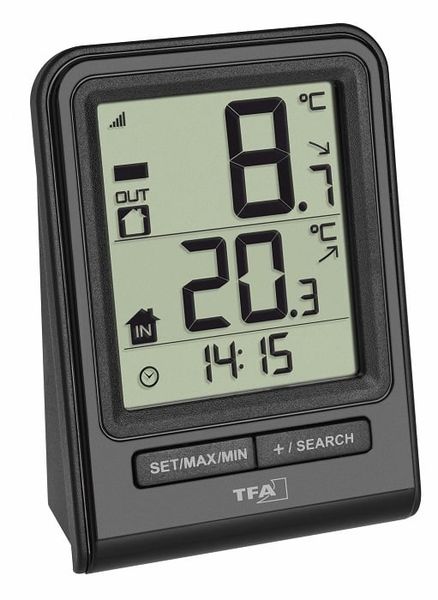 30.3063.01 TFA Bezdrôtový čierny teplomer, súčasťou je teplotný senzor 30.3232.02