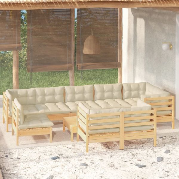 vidaXL 10-dielny záhradný set s krémovými vankúšmi borovicový masív