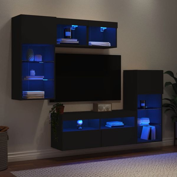 vidaXL 5-dielne TV nástenné skrinky s LED čierne kompozitné drevo