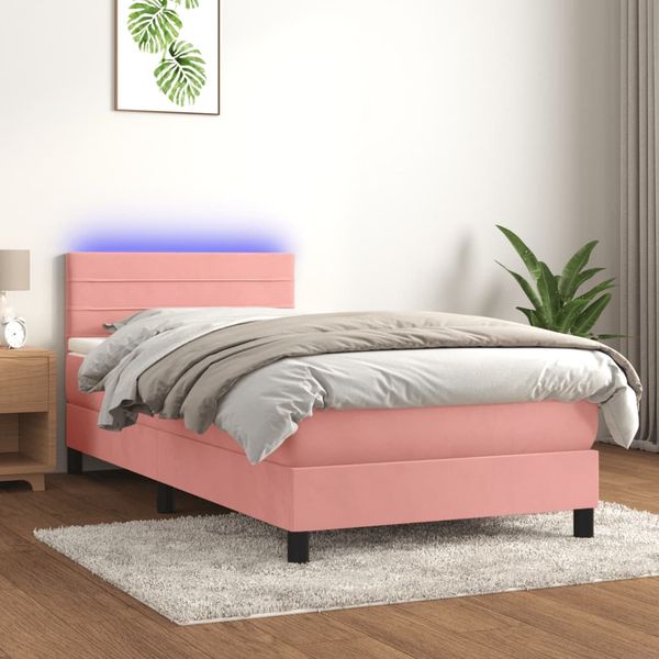 vidaXL Posteľný rám boxsping s matracom a LED ružový 90x200 cm zamat