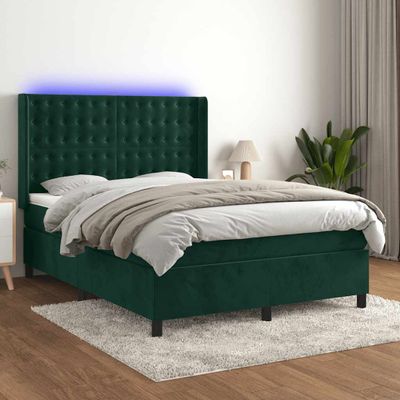 vidaXL Posteľný rám boxsping matrac a LED tmavozelený 140x200 cm zamat