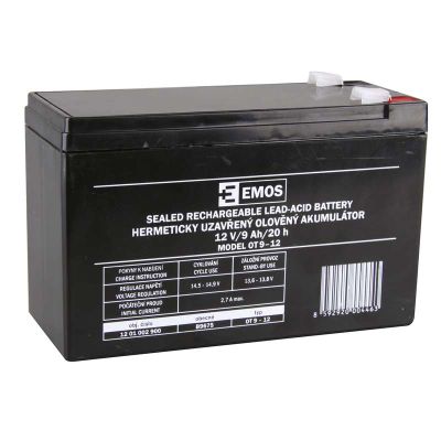 Baterie olověná  12V /  9Ah  EMOS bezúdržbový akumulátor faston 6,3mm