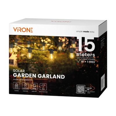 Solárna girlanda VIRONE LG-4/15M/E27/15m, IP44, 15x LED E27, 0,1 W, 3000K Solární girlanda VIRONE LG-4/15M/E27/15m, IP44, 15x LED E27, 0,1W, 3000K