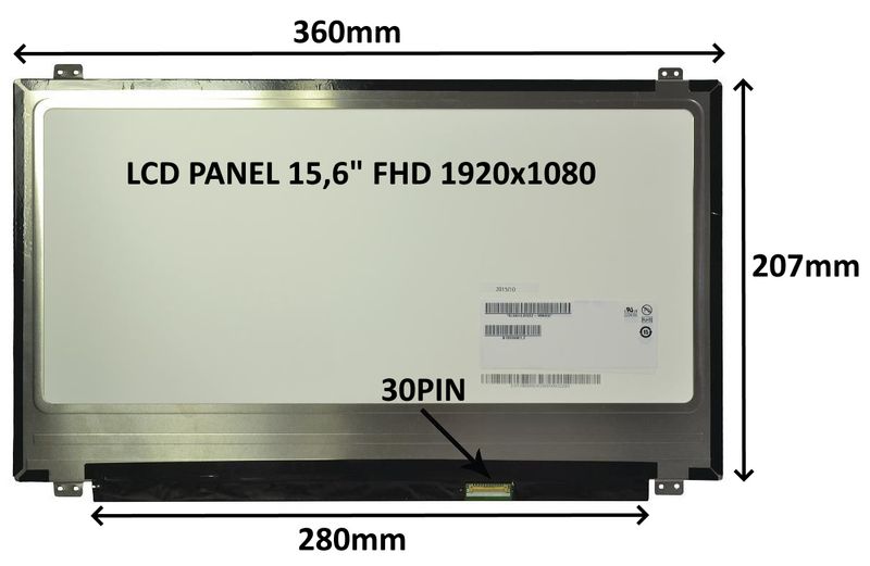 LCD PANEL 15,6'' FHD 1920x1080 30PIN MATNÝ IPS / ÚCHYTY HORE A DOLE