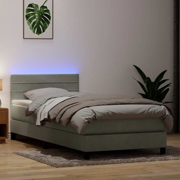 vidaXL Posteľný rám boxsping s matracom a LED bledosivý 90x220 cm zamat