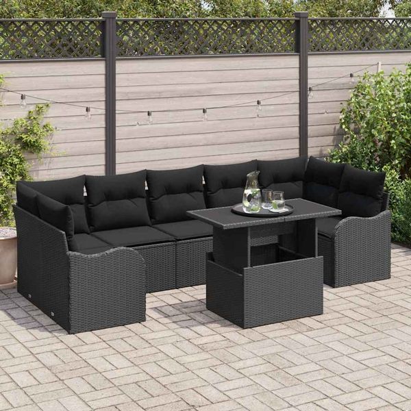 vidaXL Súprava záhradných pohoviek s vankúšom 8 pcs Čierna Poly Ratan