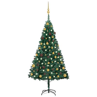 vidaXL Osvetlený umelý vianočný stromček s guľami, zelený 150 cm, PVC