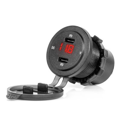 Vodotesná nabíjačka so spínačom, digitálnym voltmetrom ČERVENÝ LED indikátor USB + USB C QC3.0 12/24V AMiO-04225