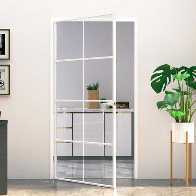 vidaXL Interiérové dvere biele 102x201,5 cm tvrdené sklo a hliník úzke