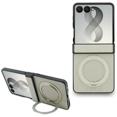 Guess  HC Magnetic Ring Stand Grained PU Classic Logo puzdro pre Samsung Galaxy Z Flip 8 béžová