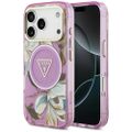 Puzdro Guess Magsafe IML Case Glitter Flowers And Triangle s kovovým rámom fotoaparátu a tlačidlami pre iPhone 17 Pro Max fialové
