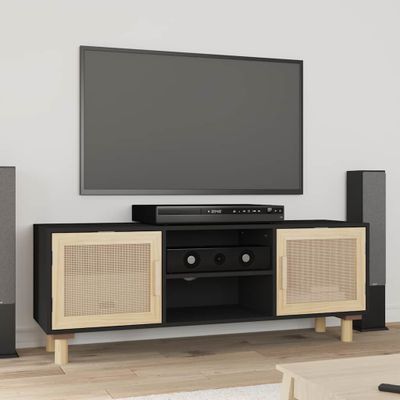 vidaXL TV skrinka Čierna 105x30x40cm masívna borovica a prírodný ratan