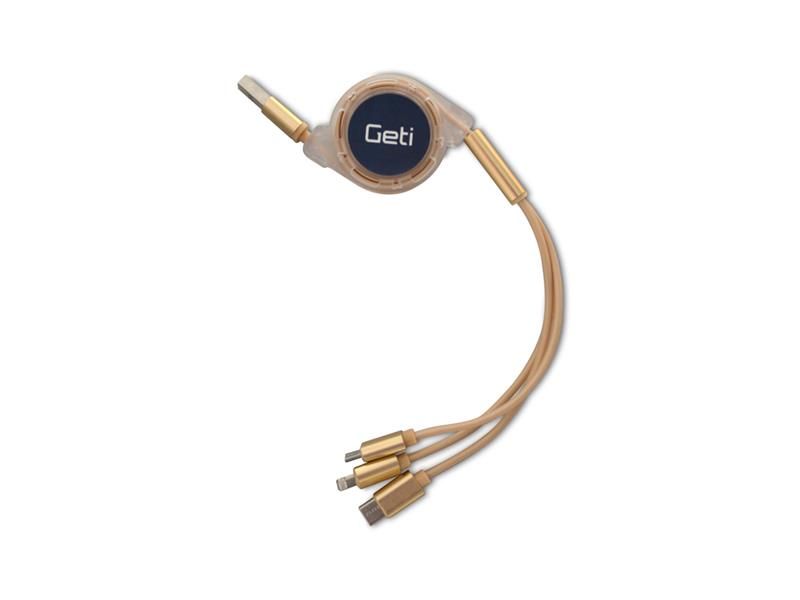 Kábel GETI GCU 05 USB 3v1 zlatý samonavíjacie
