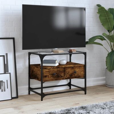 vidaXL TV skrinka sklenená doska dymový dub 60x35x51 cm kompoz. drevo