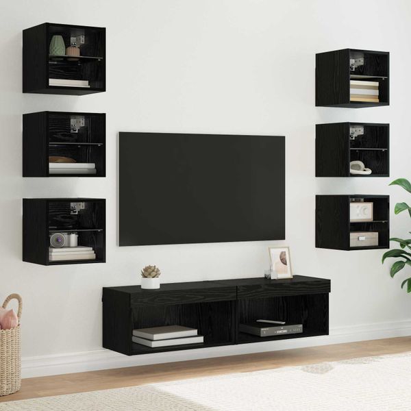vidaXL TV skrinka so svetlami LED diódy Nástenný 8 pcs Čierny dub Sklo