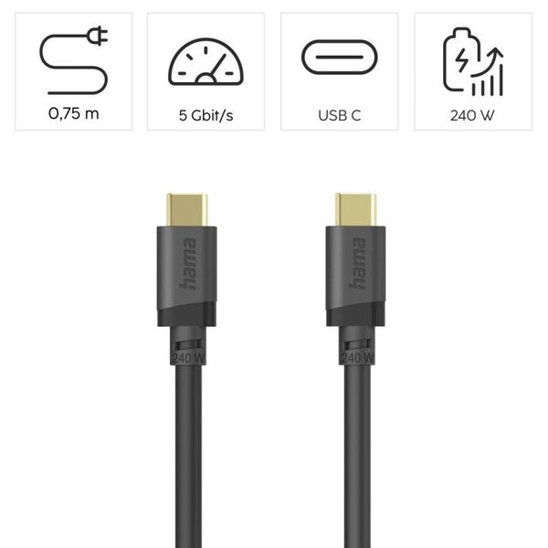 HAMA Essential Line, Kábel USB-C/USB-C, 240W, 0.75