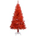 vidaXL Osvetlený umelý vianočný stromček s guľami, červený 120 cm, PVC